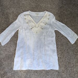 CYNTHIA ROWLEY V-neck Beaded Embroidery BOHO 100% LINEN Peasant tunic  M